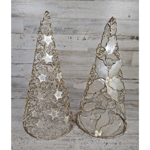 2 Vintage Capiz Shell and Gold Wire Christmas Cone Decor Star Poinsettia Pearl - Picture 1 of 7